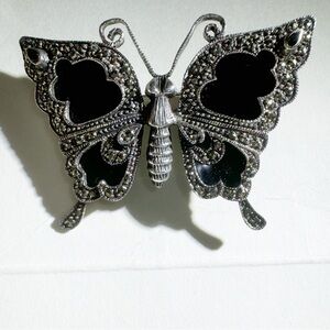 Hallmarked Vintage Silver Onyx Marcasite Butterfly Brooch